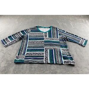 Kim Rogers Curvy Womens 1X Teal Blue Mixed Print V-Neck 3/4 Sleeve Tunic Top